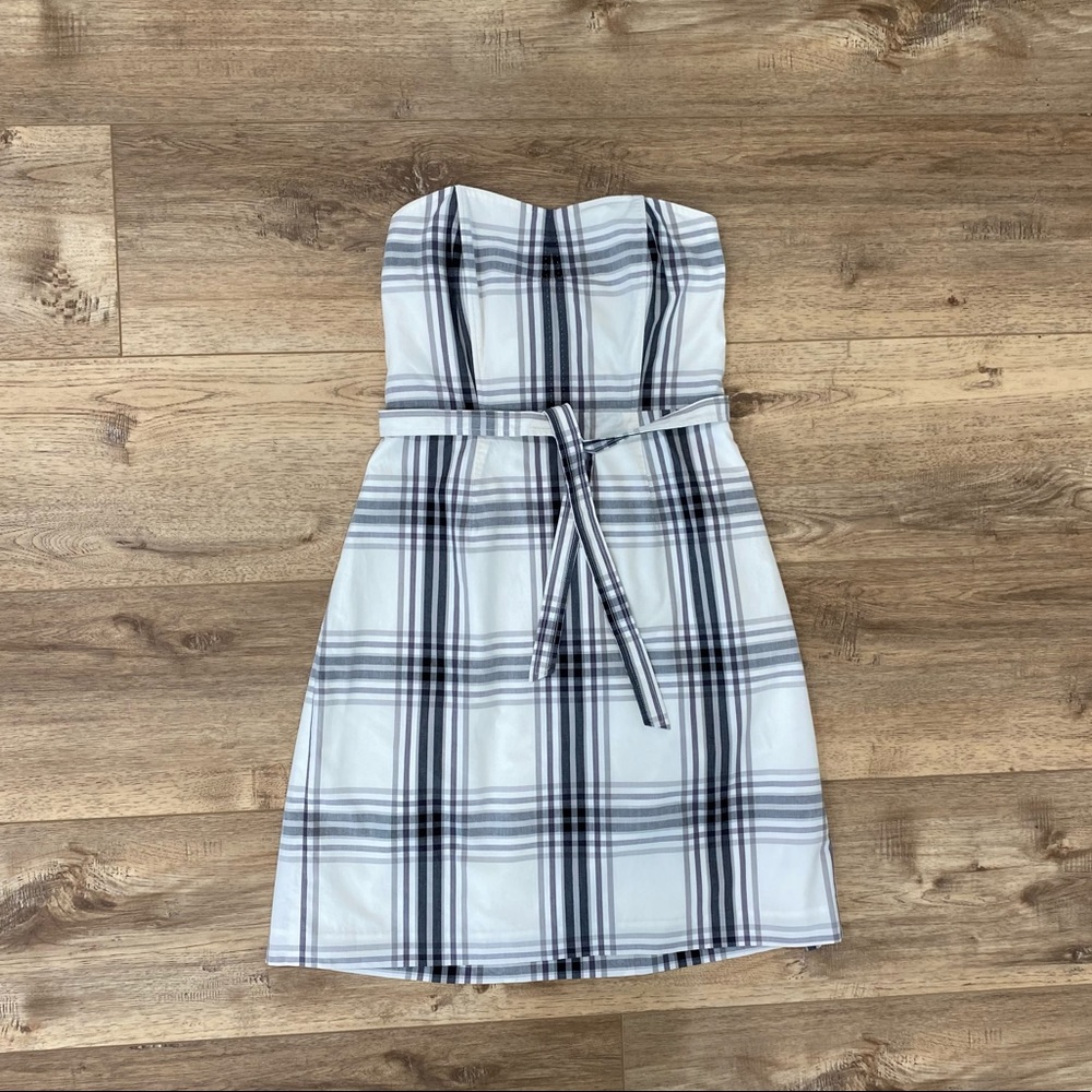 TOMMY HILFIGER white black plaid strapless knee length dress